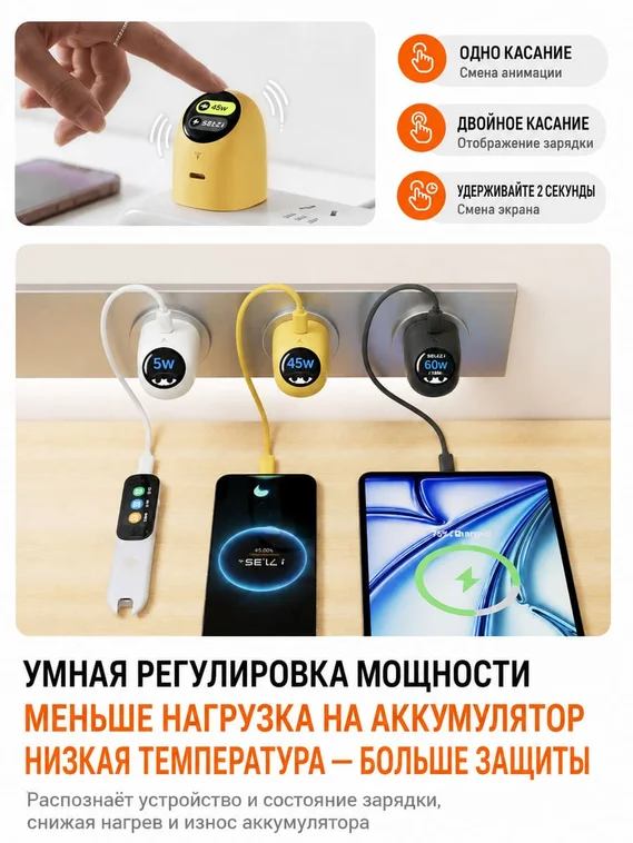 Сетевое зарядное устройство TORRAS FlashEye-Dot 60W с цветным анимированным экраном, USB-C, GaN, PD 3.2 AVS, черный (Cool Black)