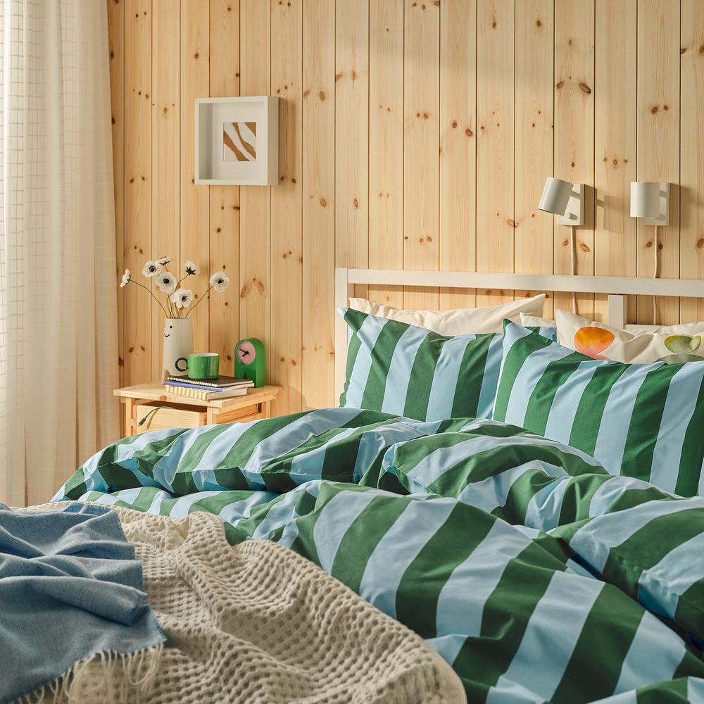 IKEA SLÅNHÖSTMAL  (ИКЕА СЛОНХЁСТМАЛ)  -  Пододеяльник и 2 наволочки - светло-голубой/тёмно-зелёный/полоска 200х200/50х60 см