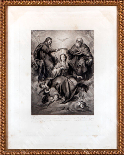 Гравюра Коронование Богородицы по оригиналу Веласкеса. Испания. 1795 г.