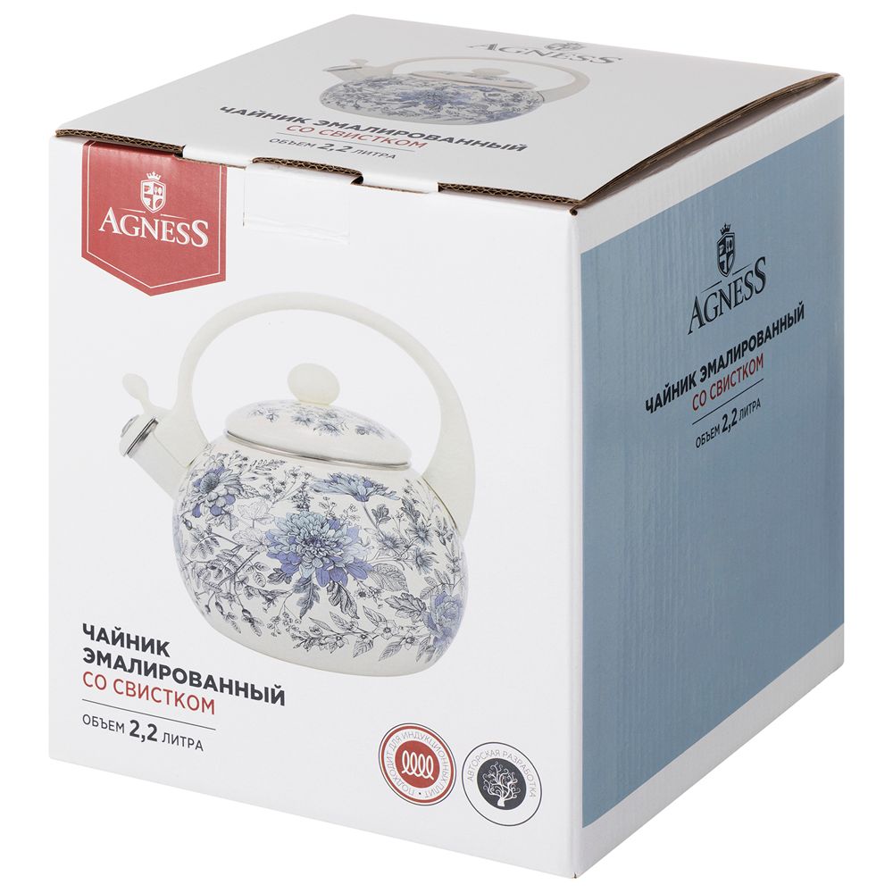 ЧАЙНИК AGNESS ЭМАЛИРОВАННЫЙ СО СВИСТКОМ СЕРИЯ "ROYAL BLUE", 2,2 Л