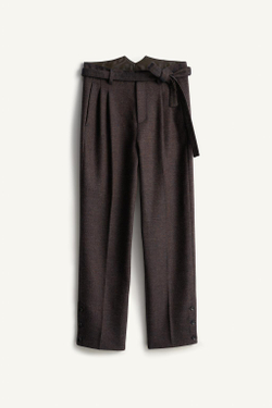 ZARA КОСТЮМНЫЕ БРЮКИ ИЗ ФАКТУРНОЙ СМЕСИ ШЕРСТИ С ПОЯСОМ, КОРИЧНЕВЫЙ