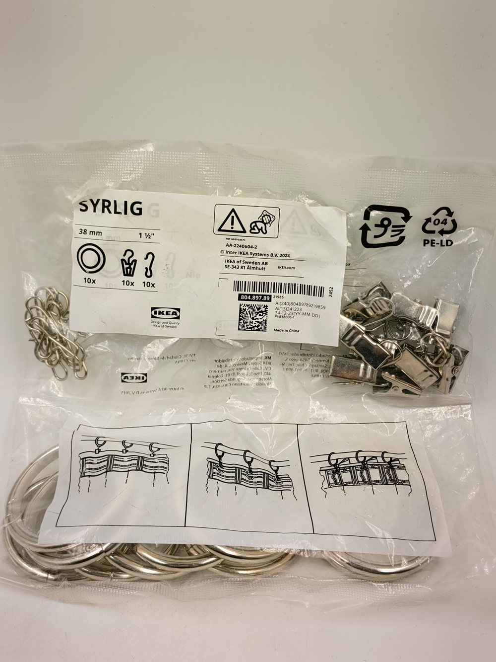 IKEA Кольца для штор Syrlig с зажимом и крючком никелированные, диаметр 38 мм, в упаковке 10 колец