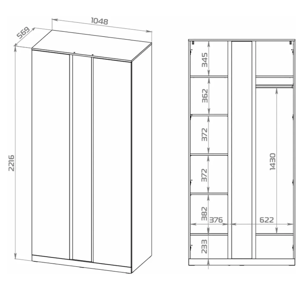 Шкаф распашной Варма Стор 105 с зеркалом, 222*105*57 см, белый