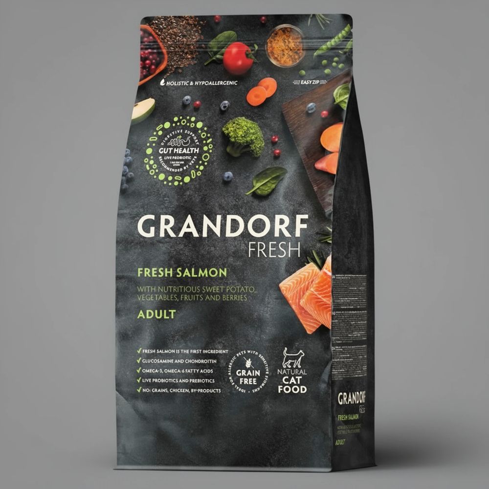 Сухой корм GRANDORF Fresh Cat ADULT Salmon&Sweet Potato для кошек из свежего филе лосося с бататом