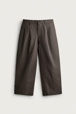 ZARA БРЮКИ ЧИНОС ИЗ ХЛОПКА И ЛЬНА СО СКЛАДКАМИ, ХАКИ