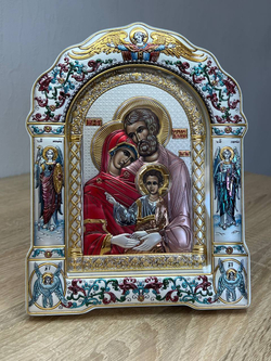 Св. Семейство, икона арочная с рамкой под стеклом, белое дерево, эмаль 167х228