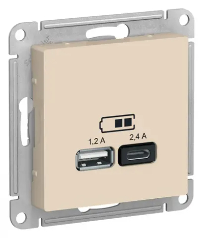 ATLASDESIGN USB РОЗЕТКА А+С, 5В/2,4А, 2х5В/1,2А, механизм, БЕЖЕВЫЙ