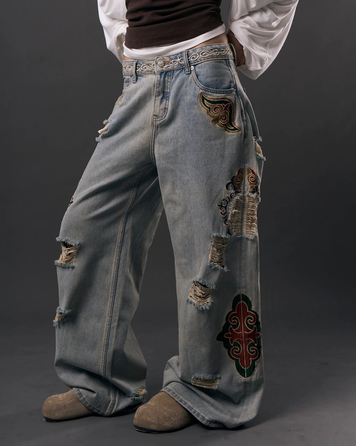 Vintage Grey Blue Jeans with Embroidery and Artistic Distressing