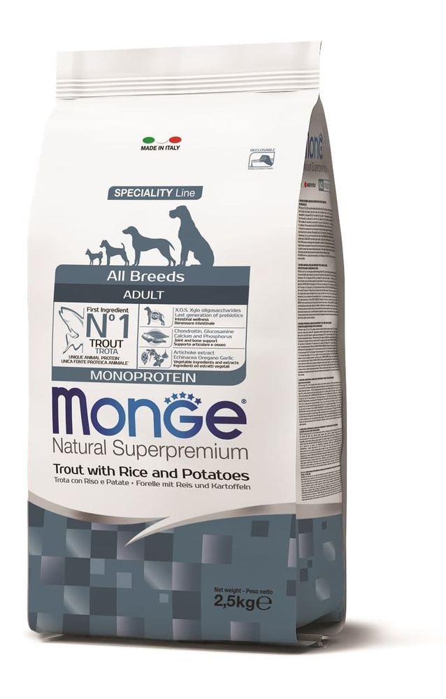 Сухой корм Monge Dog Speciality Line Monoprotein для собак всех пород из форели с рисом и картофелем 2,5кг Сухой корм Monge Dog Speciality Line Monoprotein для собак всех пород из форели с рисом и картофелем 2,5кг