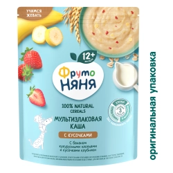 Каша Фрутоняня молочная Мультизлаковая с бананом, кукурузными хлопьями и кусочками клубники, 200 г, с 12 месяцев
