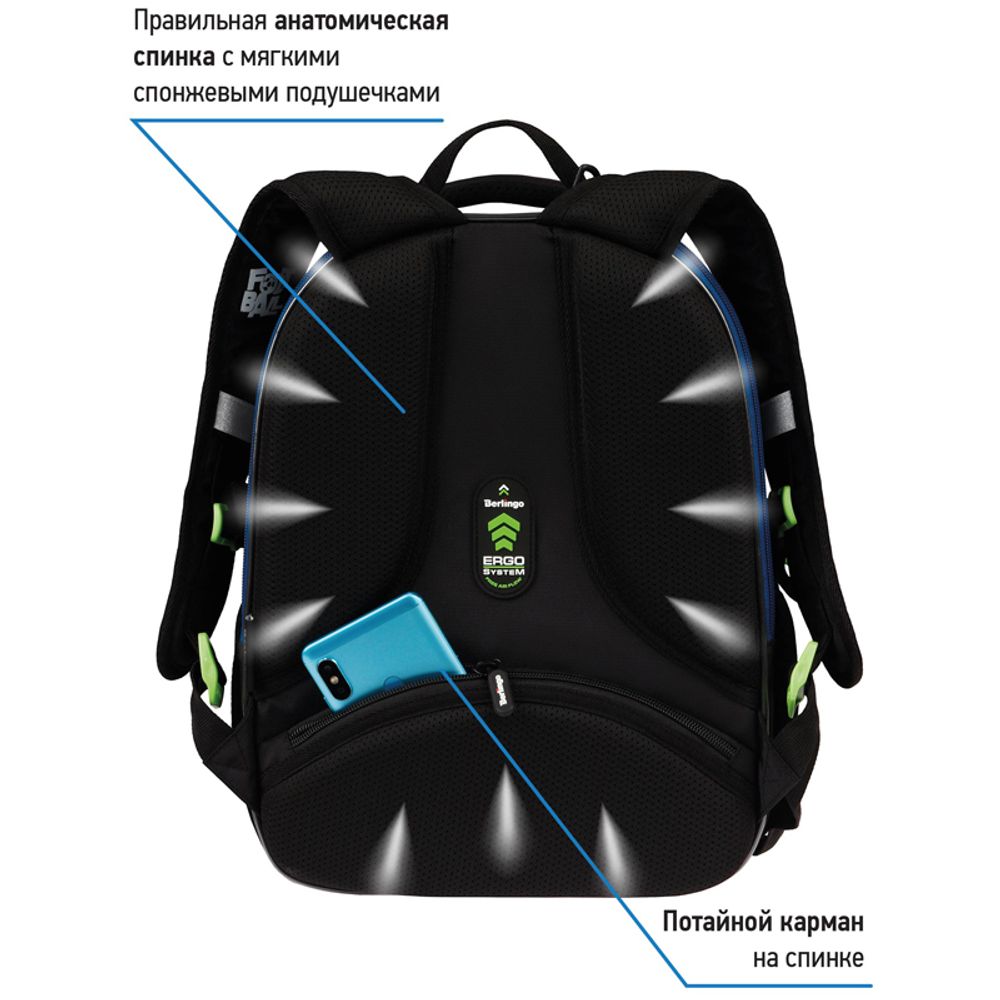 Ранец Berlingo Expert Mini Football 36х27х14см, 2 отд., анатомическая спинка, с мешком д/обуви