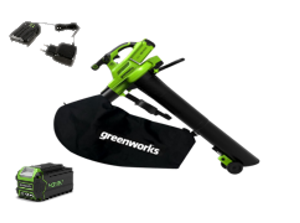 Аккумуляторный воздуходув пылесос Greenworks GD40BVK4, 2406907UB,40v, АКБ 4 А·ч и ЗУ
