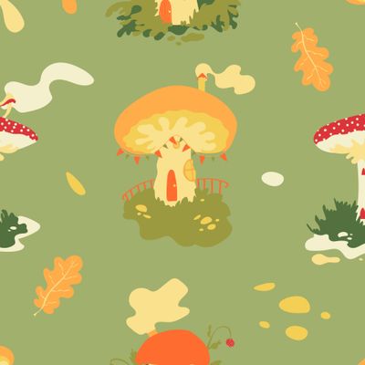 Грибные домики фей и дубовые листья. Mushroom fairy houses and oak leaves