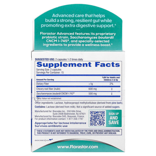 Florastor, Advanced, Pro + Pre, Probiotic & Prebiotic Fiber Supplement, 30 Vegetarian Capsules