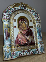 Владимирская БМ, икона арочная с рамкой под стеклом, белое дерево, эмаль 167х228