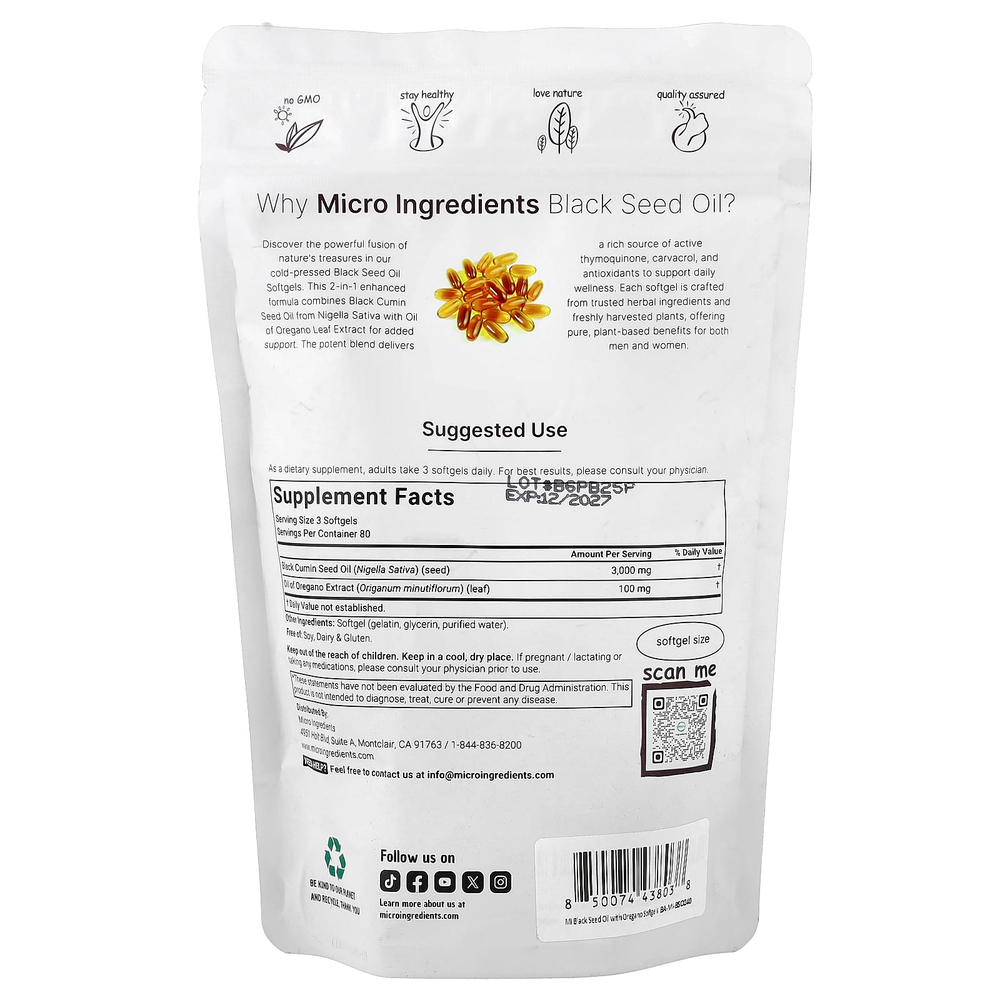 Micro Ingredients, масло чёрного тмина с маслом орегано, 240 капсул