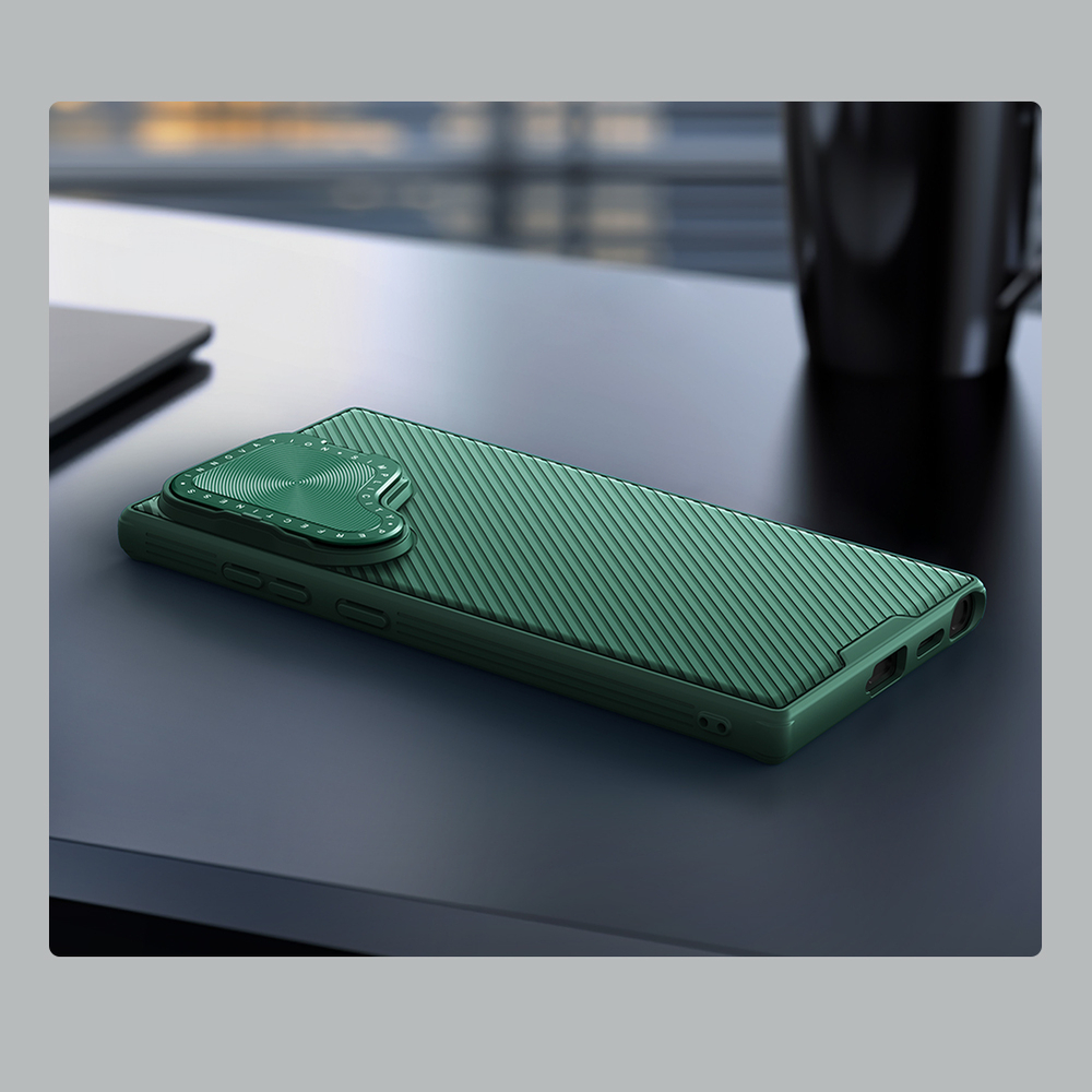 Чехол зеленого цвета (Deep Green) от Nillkin для Samsung Galaxy S24 Ultra с металлической откидной крышкой и поддержкой магнитной беспроводной зарядки MagSafe, серия CamShield Prop Magnetic