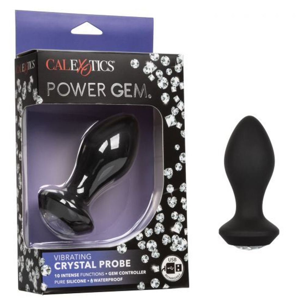 Черная анальная пробка с вибрацией и кристаллом Power Gem Vibrating Crystal Probe - 10,75 см. (Цвет: черный)