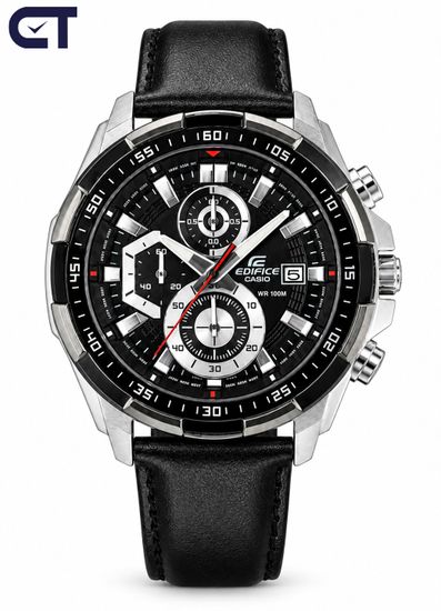CASIO EFR-539L-1AVUDF EDIFICE мужские наручные часы — крупный хронограф с чёрным циферблатом и кожаным ремешком