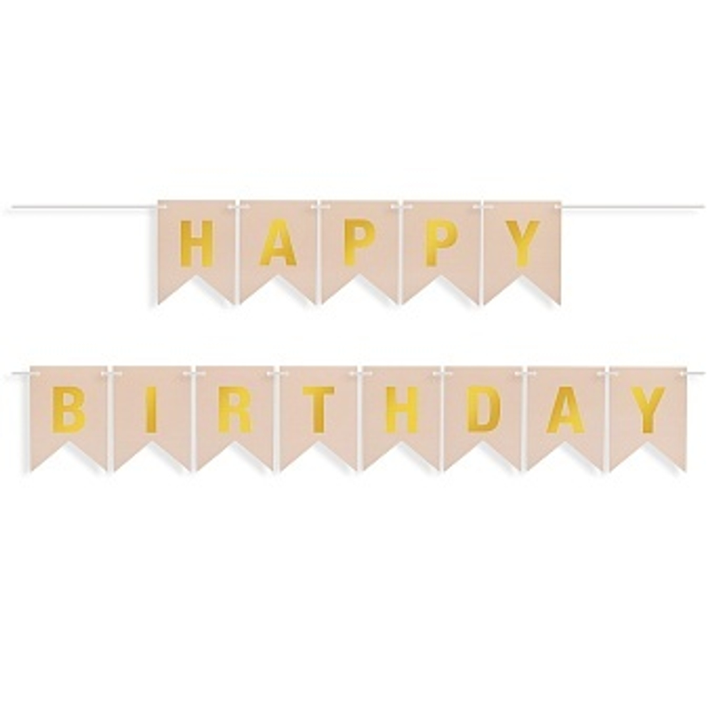 Гирлянда Флажки, Happy Birthday, Бежевый/Золото, Металлик, 500 см, 16*12 см.