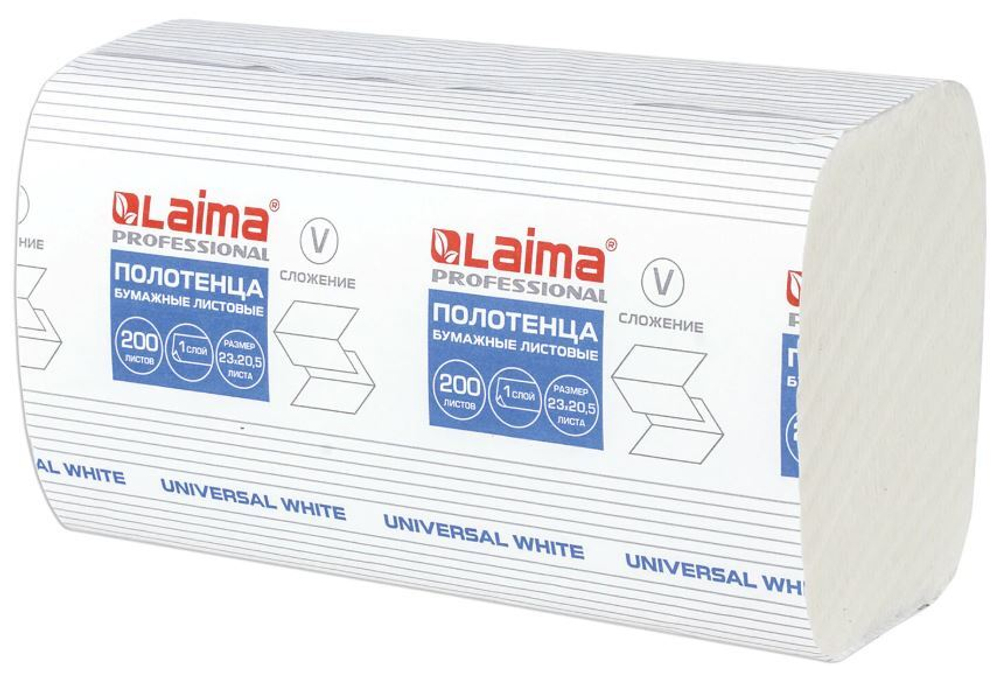 111342 Полотенце бумажное V-сложеное LAIMA UNIVERSAL WHITE 1-слойное БЕЛОЕ (200л/15уп)