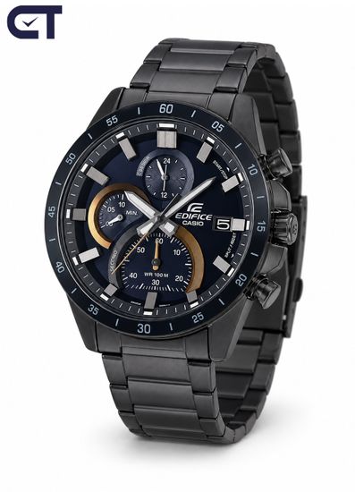 CASIO EFR-571DC-2AVUDF EDIFICE мужские наручные часы — чёрный хронограф с тёмно-синим циферблатом и золотистыми акцентами