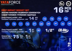 Набор головок ударных глубоких 16пр.1/2''(6-гр.)(10,12-17,19,21,22,24,27,30,32мм(36мм-12гр)+удлинитель 75мм),в кейсе YATAFORCE YF-4177-5MPB