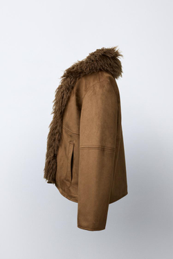 ZARA КУРТКА ИЗ ИСКУССТВЕННОЙ ЗАМШИ С МЕХОМ, КОРИЧНЕВЫЙ