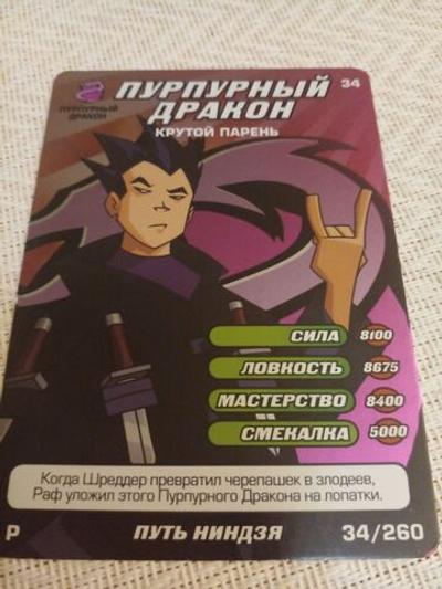 Коллекционная игровая карточка ЧЕРЕПАШКИ-НИНДЗЯ Боевая четвёрка: Путь ниндзя 34 (№ 34/260 ) "ПУРПУРНЫЙ ДРАКОН КРУТОЙ ПАРЕНЬ"