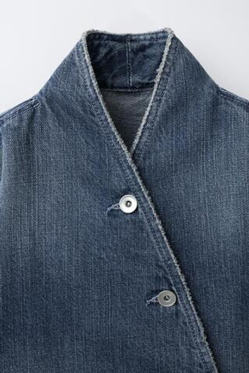 ZARA ДЖИНСОВАЯ КУРТКА С ЗАПАХОМ, СИНИЙ