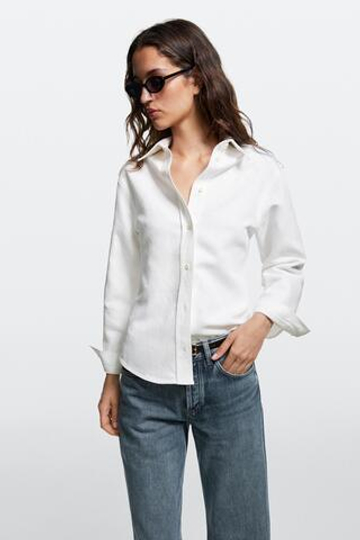 Massimo Dutti Рубашка из хлопка и льна с декоративными деталями на плечах, белый