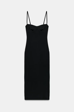 ZARA ПЛАТЬЕ МИДИ ИЗ СМЕСОВОГО ПОЛИАМИДА, ЧЕРНЫЙ