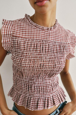 ZARA ТОП В КЛЕТКУ ВИШИ С ЭФФЕКТОМ ЖАТКИ, ЭКРЮ/ГРАНАТОВЫЙ