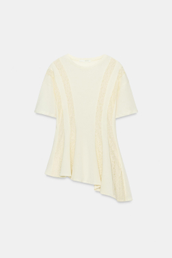ZARA ФУТБОЛКА С КОМБИНИРОВАННЫМ КРУЖЕВОМ, КРЕМОВЫЙ