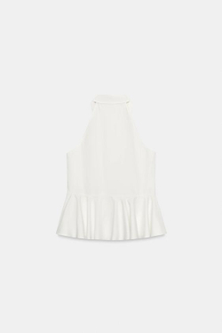 ZARA РУБАШКА С БАСКОЙ И ВОРОТНИКОМ ХАЛТЕР, БЕЛЫЙ