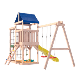 Детская площадка для улицы и дачи Fun Land неокрашенная с сеткой стенкой и качелями