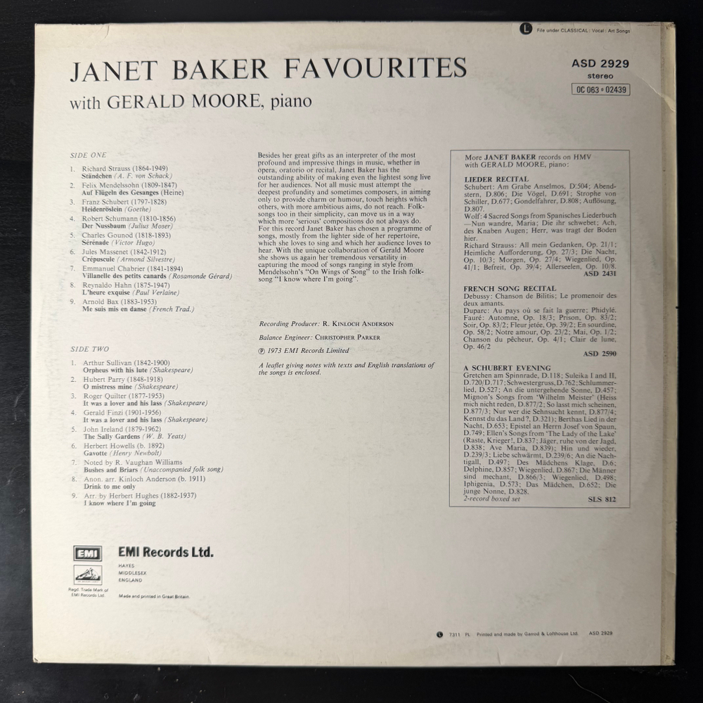 Janet Baker With Gerald Moore ‎– Janet Baker Favourites (Англия 1973г.) Promo