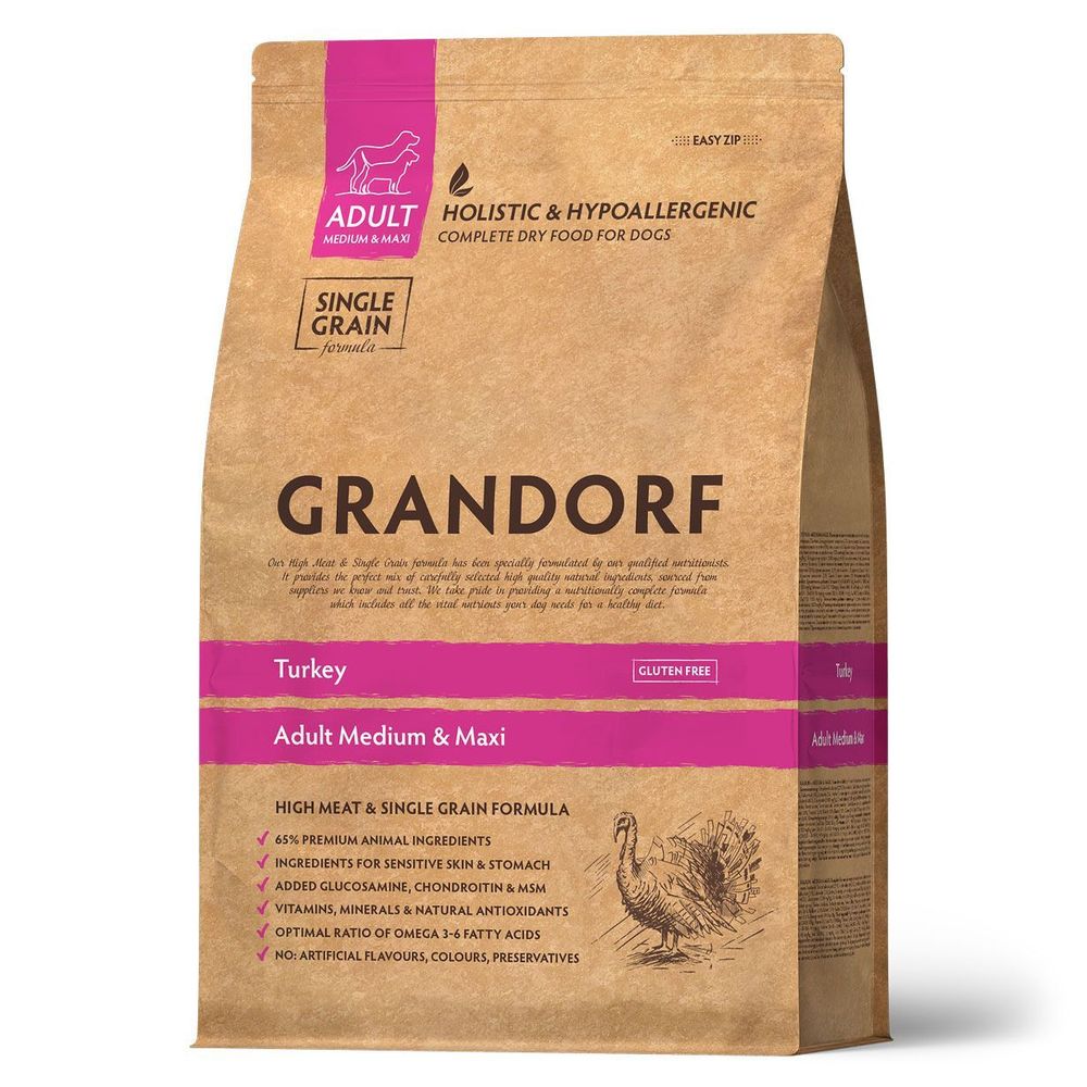 Сухой корм Grandorf DOG Turkey MED&MAXI для взрослых собак средних и крупных пород, индейка