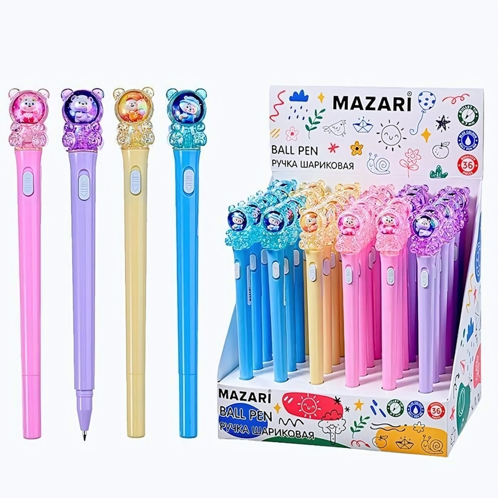 Ручка шариковая синяя с подсветкой,0,7мм,4 цв Мишка в скафандре (Mazari)