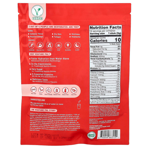 Venture Pal, Hydration Boost, смесь для приготовления электролитического напитка, вишня, 16 стиков по 9 г (0,32 унции)