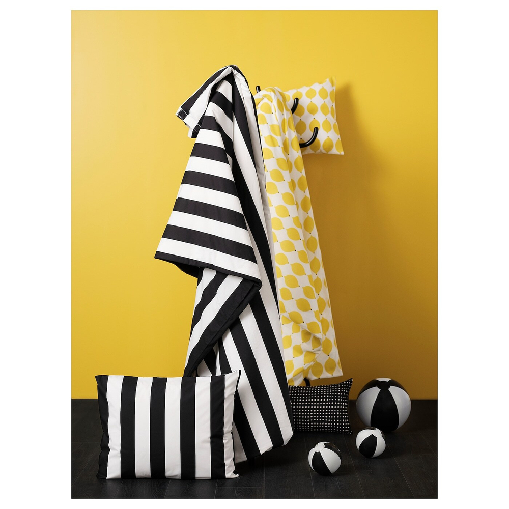 IKEA SLÅNHÖSTMAL  (ИКЕА СЛÅНХÖСТМАЛ)  -  Пододеяльник и 2 наволочки, черный/белый/полосатый, 200x200/50x60 см