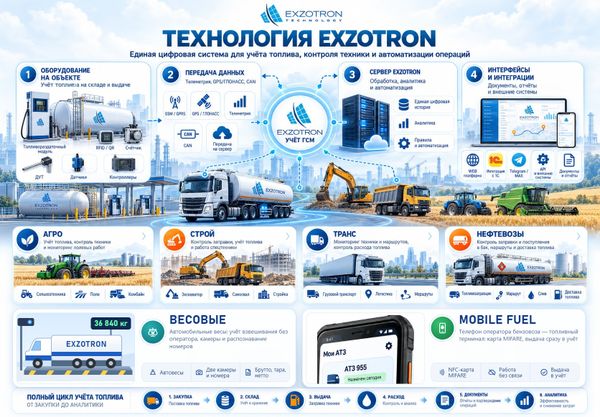 Exzotron Technology: оборудование и решения для учёта топлива, контроля техники и автоматизации операций Exzotron Technology: оборудование и решения для учёта топлива, контроля техники и автоматизации операций