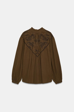 ZARA БЛУЗА С АЖУРНОЙ ВЫШИВКОЙ, ХАКИ