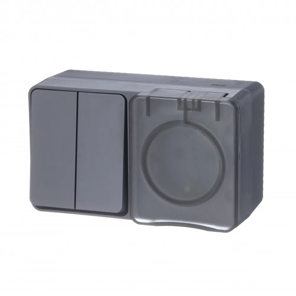 ATLASDESIGN PROFI IP54 О/У БЛОК: РОЗЕТКА с заземл. со шт., 16А, ВЫКЛЮЧАТЕЛЬ 2-клав., 10АХ, АНТРАЦИТ
