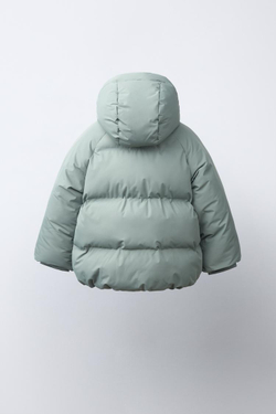 ZARA СТЕГАНОЕ ПАЛЬТО С КАПЮШОНОМ WATER REPELLENT, СВЕТЛО-ЗЕЛЕНЫЙ