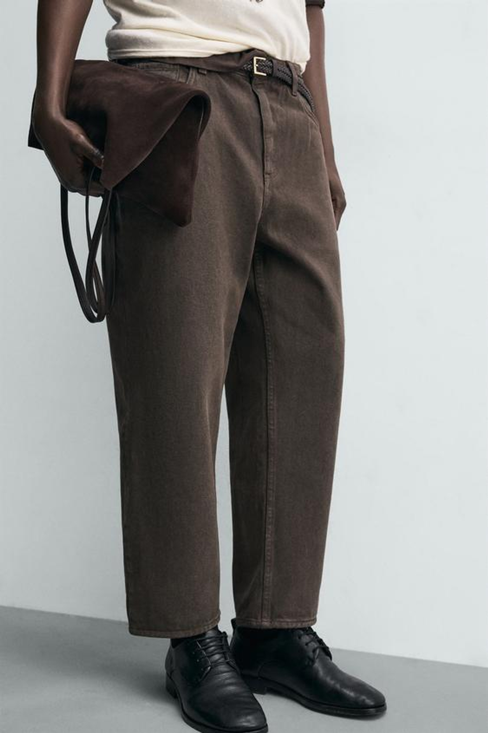 ZARA ДЖИНСЫ TAPERED WIDE FIT, КОРИЧНЕВЫЙ