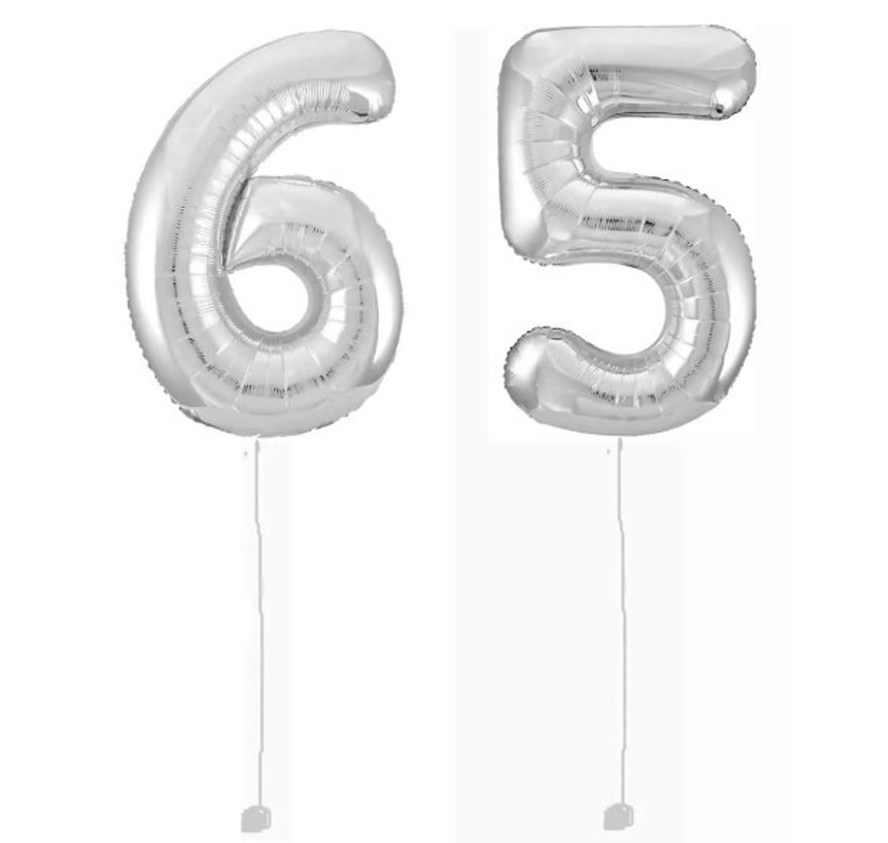 Шар-цифра 65 Серебро Silver 102 см фольга с гелием на грузике