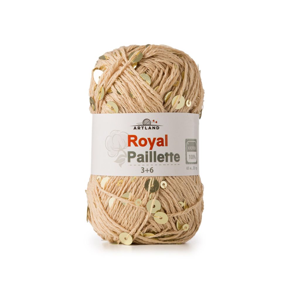 Королевские пайетки/Добавочная нить хлопок с пайетками 3/6мм, 25 гр, 65 м, бежевый с золотом