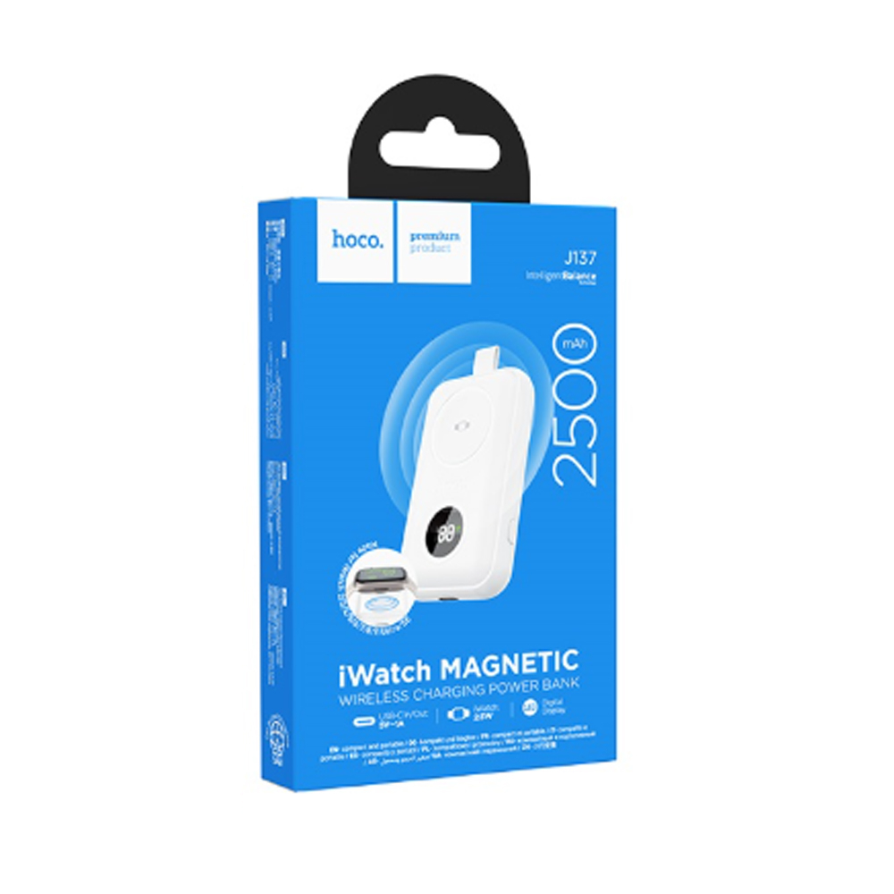 Портативный аккумулятор Hoco J137, для iWatch 1-9, SE/SE2, Ultra/Ультра2, 2500mAh, беспроводная зарядка QI, Белый