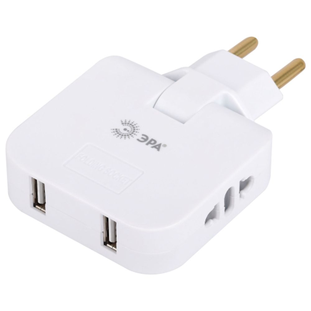 Разветвитель электрический ЭРА SPF-2-FL-USB поворотный на 2 розетки + 2USB 10А белый | Электротовары